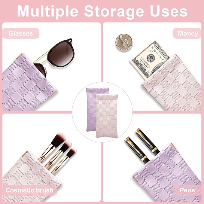 4Pcs Small Makeup Bag for Purse, Mini Checkered Leather Purse Pouches for Purse Small Makeup Pouch Small Coin Purse Organizer Pouches, Portable No Zipper Pocket Cosmetic Bag for Women (Pink, Purple)