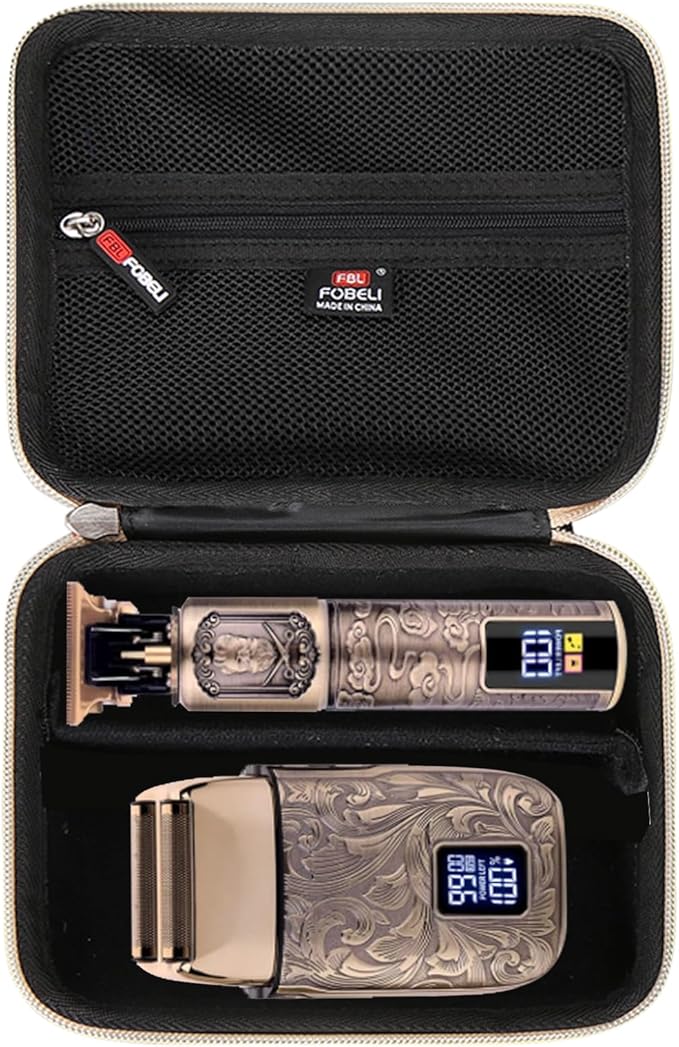 FBLFOBELI EVA Hard Storage Case for Ufree/for Brightup FK-8788T/ for Wahl 9916-817V Electric Razor Foil Shavers for Men, Hair Beard Trimmer Grooming Shaving Kit Storage Holder (Black+Gold Zipper)