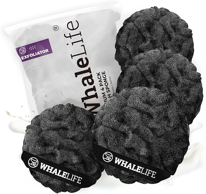 Loofah Sponge Bath Sponge for Women Men 4 Pack (Black Rough Surface)