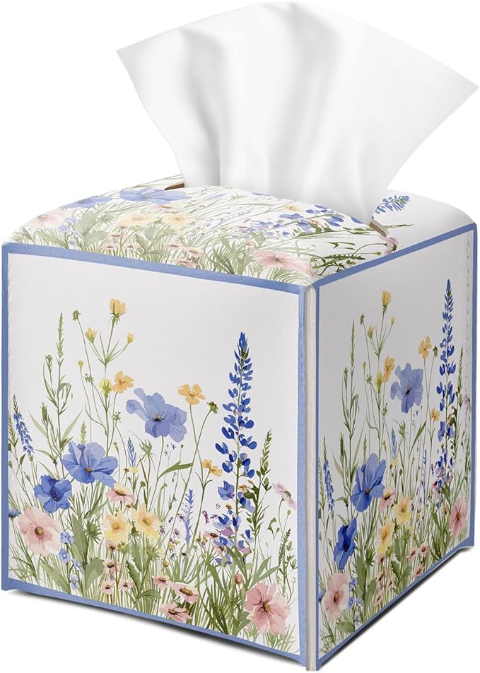 Wildflowers Tissue Box Cover Square with Bottom Belt, Floral Leather Waterproof Tissue Holder Facial Paper Case for Tabletop Home Office Bathroom Car Decor -07