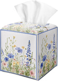 Wildflowers Tissue Box Cover Square with Bottom Belt, Floral Leather Waterproof Tissue Holder Facial Paper Case for Tabletop Home Office Bathroom Car Decor -07