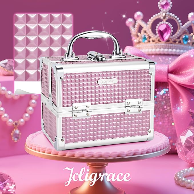 Joligrace Makeup Case Portable Makeup Box Travel Train Case Cosmetic Case Organizer with 2 trays Mirror Locking Make Up Storage Vanity Craft Nail Case Traveling Cosmetic Box for Girls Pink