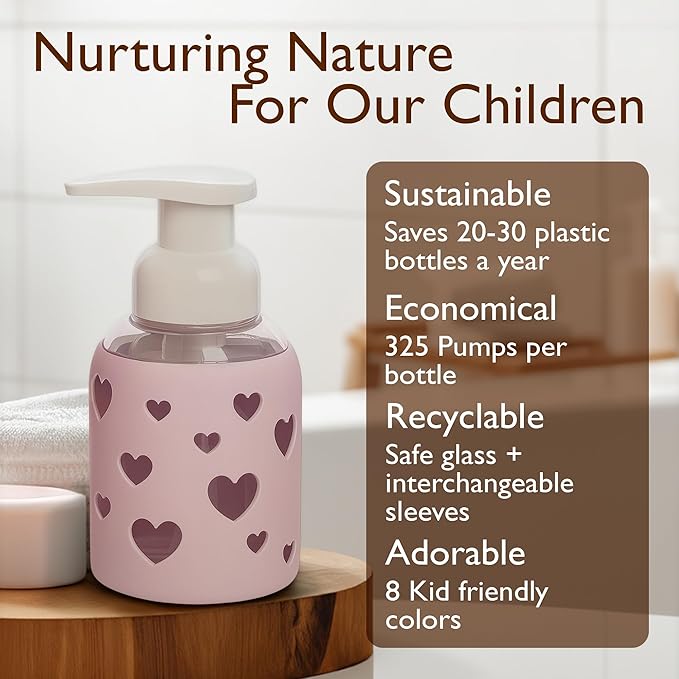 SoCal Suds & Company Foaming Hand Soap Dispenser Glass, Liquid Soap Pump with Heart Silicone Sleeve, Refillable Bottle for Kids, Baby Wash & Shampoo, Ideal for Bathroom & Kitchen Use, Soft Pink, 8oz