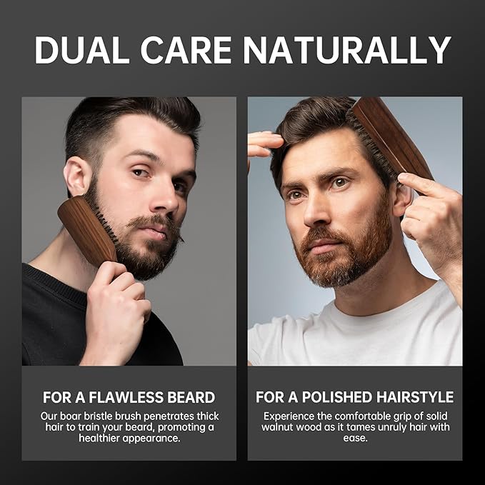 Walnut Wood Boar Bristles Beard Brush Kit for Men, Beard Grooming & Hair Styling Quiff, Pompadour, Slicked-back, Undercut, Straightens & Promotes Beard Growth - Works with Beard Oils and Balms