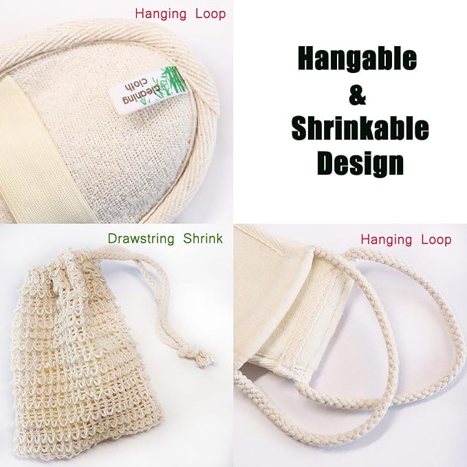 Natural Loofah Sponge Set with Soap Bag, Body Exfoliating Loofah Bath Scrubber for Shower, Shower Loofah for Women and Men, 3-pcs