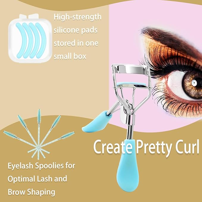 BenePoint Eyelash Curler, Lash Curler with Bonus 4Pcs Replacement Lash Pads& 5Pcs Eyelash Spoolies, Eyelash Curler Kit Portable Travel Eyelash Curler for Eyelash Extension (Blue)