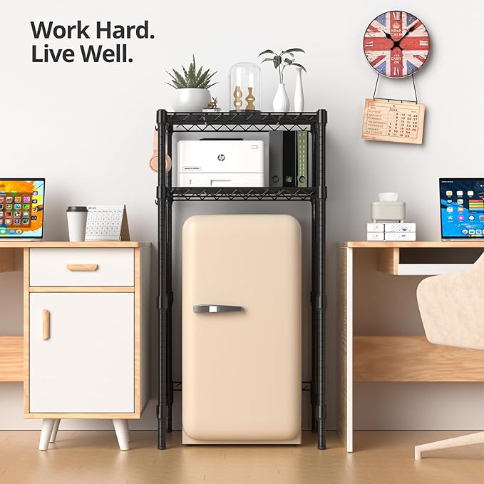 Mini Fridge Stand with Adjustable Shelf, 2 Tier Storage Rack Organizer for Refrigerator & Microwave, Storage Shelves and Space Saver for Dorm Room, Office, Kitchen, Apartment, Garage, Black
