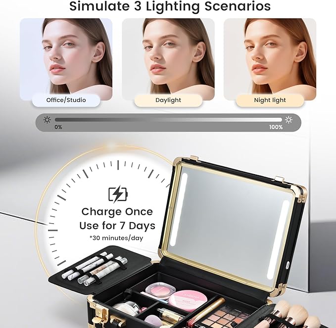 Makeup Train Cases with Light Up Mirror 3 Color Setting, Lighted Makeup Case Organizer with Detachable Tray, Travel Makeup Box with Light for Make up Tools Storage (Black Moutain Shadow)