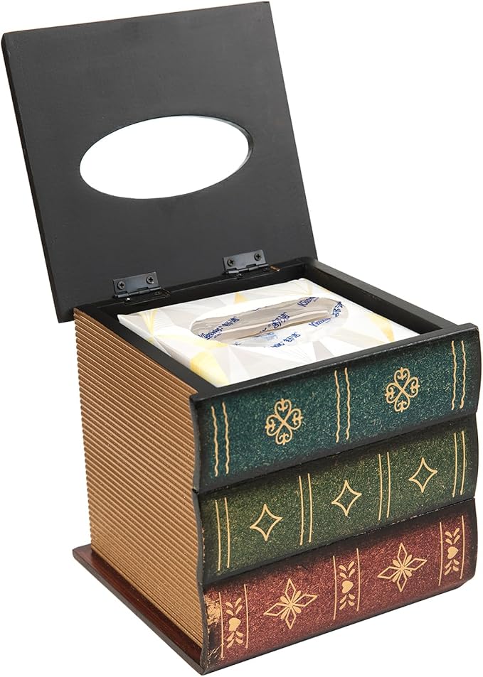 Crafted Classical Retro Wooden Antique Book Tissue Box Cover Square Tissue Holder Dispenser Paper Cover Case Napkin Holder Home Decor for Bathroom Living Room Office car Kitchen (Green)