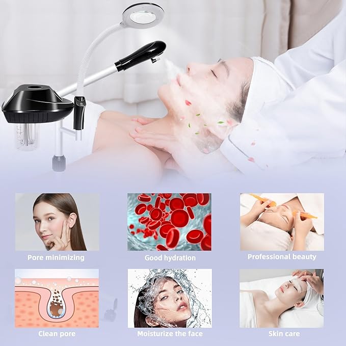 Professional Facial Steamer, 2 in 1 Facial Steamer with 5X Magnifying Lamp for Deep Cleansing and Hydration, Face Steamer on Wheels with Time Setting, Estheticians Steamer for Spa, Salon and Home Use