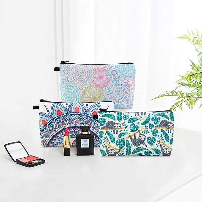 MAGEFY Makeup Bag 3 Styles Portable Travel Cosmetic Bag for Women Flower Patterns Small Toiletry Bag Sloth Gifts for Women Makeup Pouch with Black Zipper Pouch (3 packs)