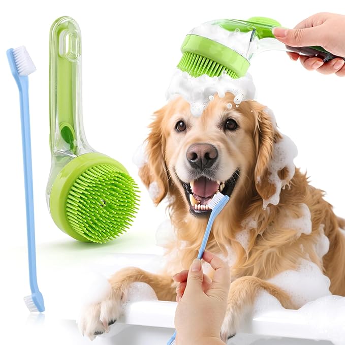 Pet Bath Brush, 2 in 1 Dog Bath Brush with Built-in Shampoo Dispenser, Pet Wash Brush with Double Head Toothbrush, Grooming Massage Brush for Dogs & Cats
