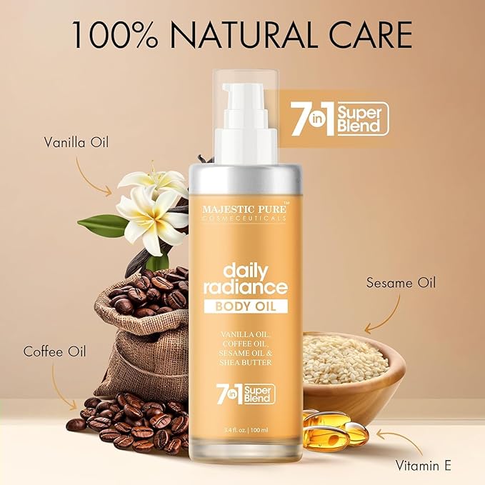 Majestic Pure Vanilla Body Oil - 100% Pure & Natural with Shea Butter, Coffee, Sesame Oils- After Shower Body Oils for Women and Men - Scented, Radiant, Firming Massage Oil - 3.4 Fl Oz