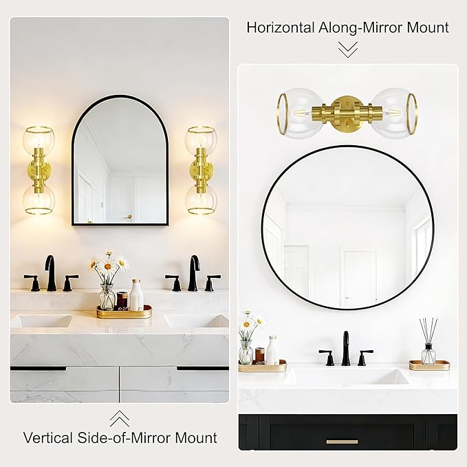Bathroom Sconces Set of Two, Brushed Gold Wall Sconces with Clear Glass, Hardwired Modern Sconces Wall Decor Set of 2, Wall Light Fixtures for Bathroom Living Room Mirror Hallway Bedroom