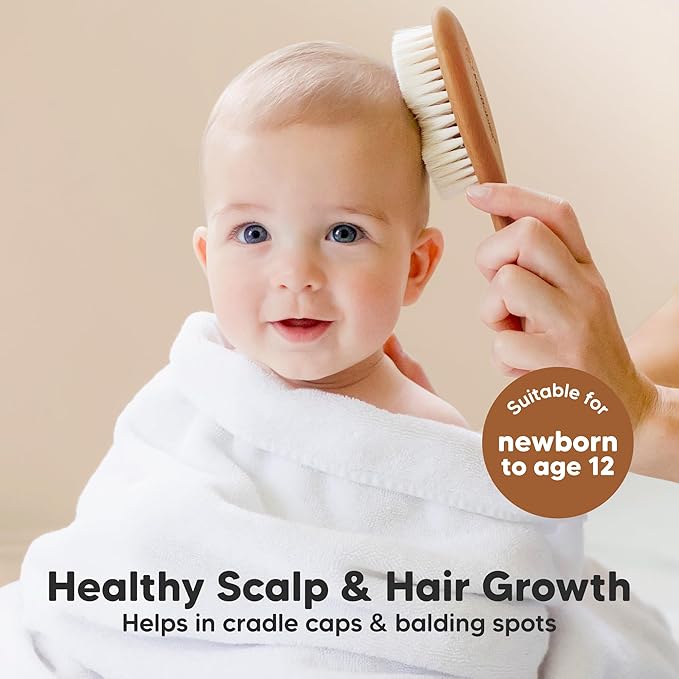 Wooden Baby Hair Brush - Cradle Cap Baby Brush with Soft Goat Bristles, Perfect Gentle Scalp Newborn Comb for Infant, Girls, Boys, Bath Essentials (Golden Oak, Regular)