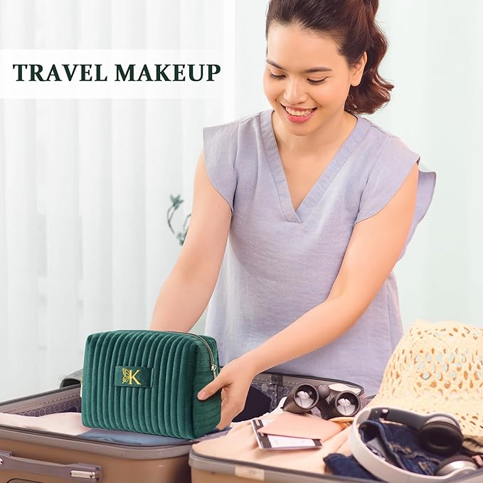 COSHAYSOO Travel Makeup Bag Quilted Make Up Pouch Initial Velvet Cosmetic Case with Butterfly Decorations for Women Cosmetics Complexion Skincare Products Tools Accessories Organizer Green Letter W