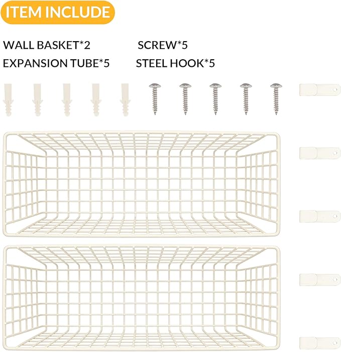 2 Sets Extra Large Hanging Wall Basket, White Metal Wire Baskets with Steel Hooks for Organizing, WallmountedFruit Vegetable Toy Snack Storage, Home Kitchen Bathroom Laundry Pantry Organizer