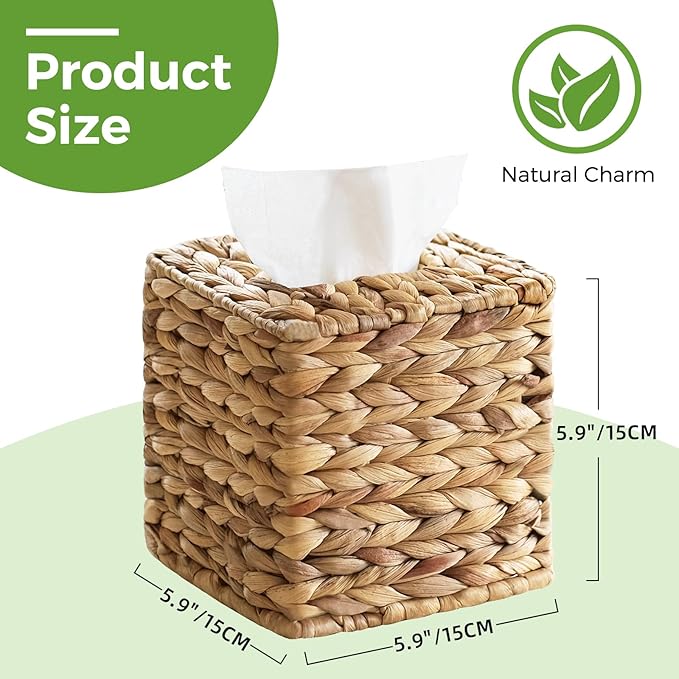 Tissue Box Cover, Square Wicker Tissue Box Holder Facial Tissues Boxes, Hand Woven Napkin Box Tissue Holder for Bathroom Bedroom Office Table Desk Night Stand, Boho Decorative, Natural