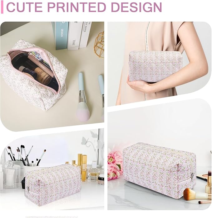 Floral Makeup Bag, Cute Cosmetic Bag for Women Girls, Quilted Cotton Make up Pouch, Travel Makeup Bags, Portable Storage Toiletry Organizer Bag(Pink Floral)