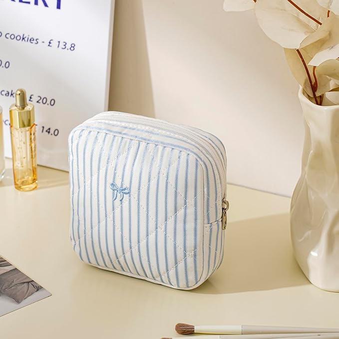 Small Quilted Striped Cosmetic Pouch for Purse, Mini Cotton Makeup Bag with Compartments, Cute Zipper Lipstick Holder for Women (28 White Stripes)