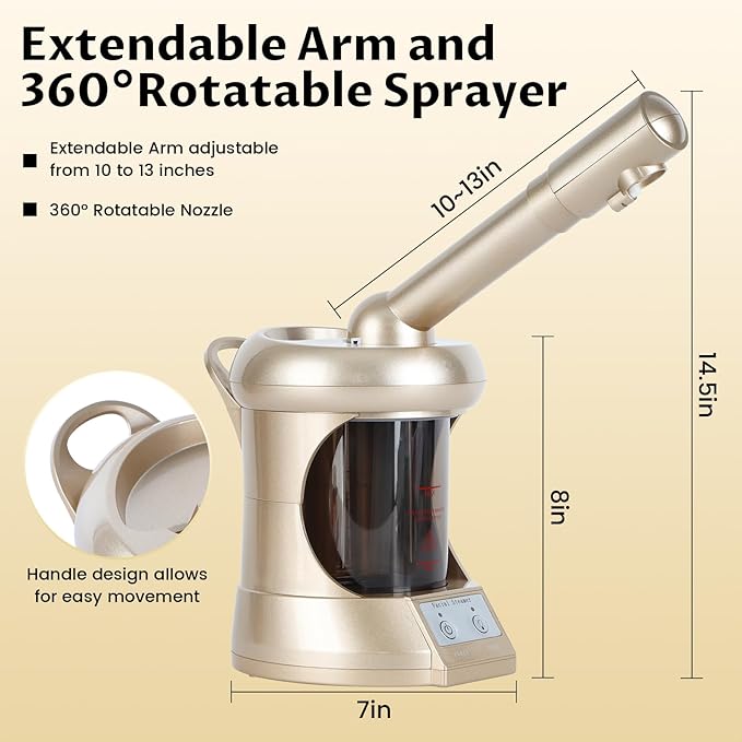 Facial Steamer Professional with More Steam for Deep Cleansing and Hydration, Face Steamer Featuring extendable arm, Steamer for Facial for Beauty, Spa and Home Use, Champagne Gold