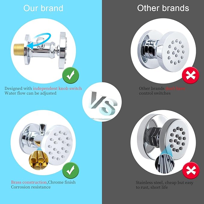 Brass Shower Body Jets with Adjustable Flow, Massage Spa Polished Chrome Round Body Spray Shower Side Wall Sprayer Head Jets, 4 pcs, Water Saving