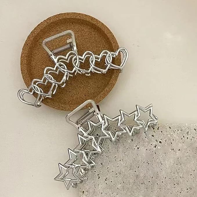 2PCS Y2k Metal Hair Claw Clips Star Heart Hair Clips for Women Big Nonslip Design Claw Hair Clips for Thick and Thin Hair Stitching Silver Large Hair Accessories for Women and Girls.