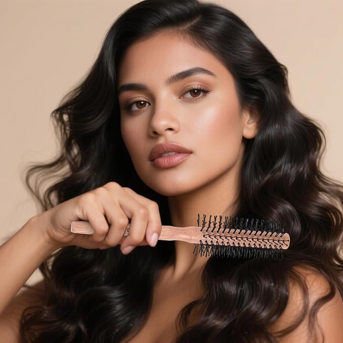 Small Round Brush for Blow Drying, Wooden Handle Roller Brush with Soft Nylon Bristles, Curling Hair Brush for Wet Hair, Bangs, Beard, Styling (Round)