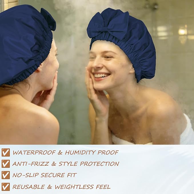 Reusable Shower Cap for Women with Stylish Bow, Non-Slip Waterproof Anti Humidity Bathing Cap, Roomy Anti Frizz for Short Medium Straight Wavy Hair, Soft Elastic & Machine Washable, Navy Blue