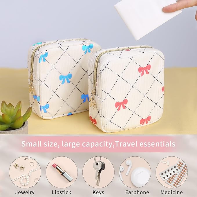 Period Bag for Women - Cute Corduroy Sanitary Napkin Storage Bag with Bow Design | Period Pouch for Daily Use, Travel | Discreet Menstrual Pouch | Pad Bags for Period Holds Pads, Tampons