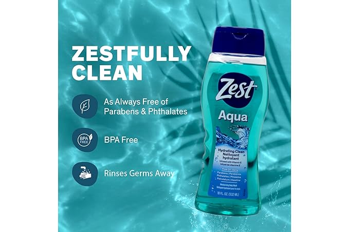 Zest Hydrating Body Wash - Aqua - Moisturizing Body Wash for Men and Women - Bath Soap with Vitamin E - Gentle Paraben Free Formula - 18 oz.
