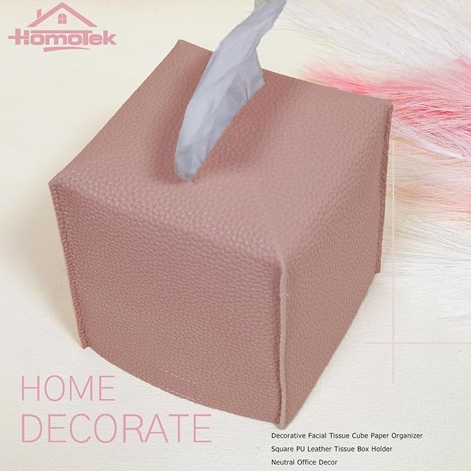 HOMOTEK 2 Pack Tissue Box Cover, Square PU Leather Tissue Holder, Decorative Facial Tissue Cube Paper Organizer Dispenser for Bathroom, Night Stands, Desk, Car 5X5X5'' - Dusty Rose, Pebble Grain