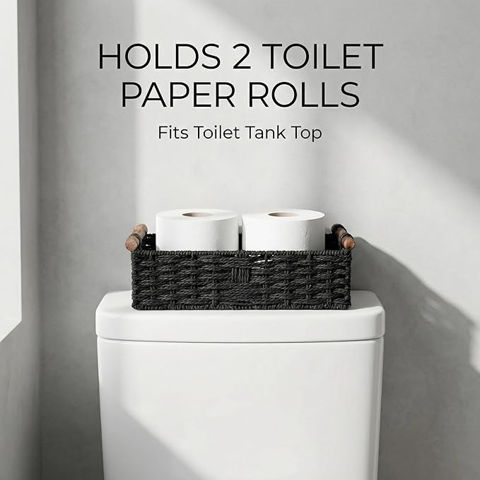 Back of Toilet Basket, Black Wicker Toilet Tank Basket for Toilet Paper Storage, Basket for Toilet Tank Top, Narrow Bathroom Organizer for Wipes & Essentials