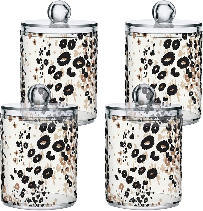 4 Pack Qtip Holder Dispenser Brown Floral Leopard Print Cotton Ball Cotton Swab Round Pads Floss Clear Bathroom Storage Containers Plastic Apothecary Jars