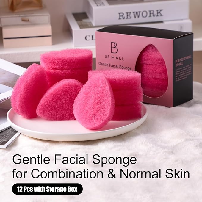 BS-MALL Facial Sponge 12 Pcs – Exfoliating Face Scrubber for Deep Cleansing, Removes Blackheads, Reusable Design, Perfect for Skin Care Routine (Hot Pink-Soft Texture)