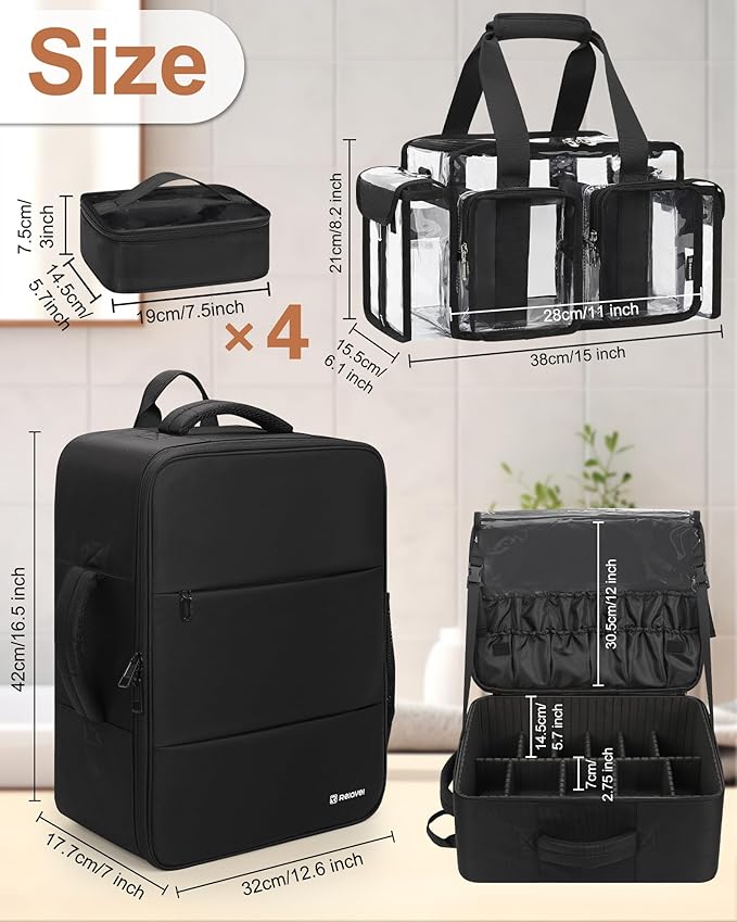 Relavel Makeup Backpack with Clear Makeup Bags, Extra Large Travel Train Case Makeup Artist Kit Set Bag with 4 Clear Bags, Storage Organizer Box with Dividers Cosmetic Hair Tools Barber Supplies