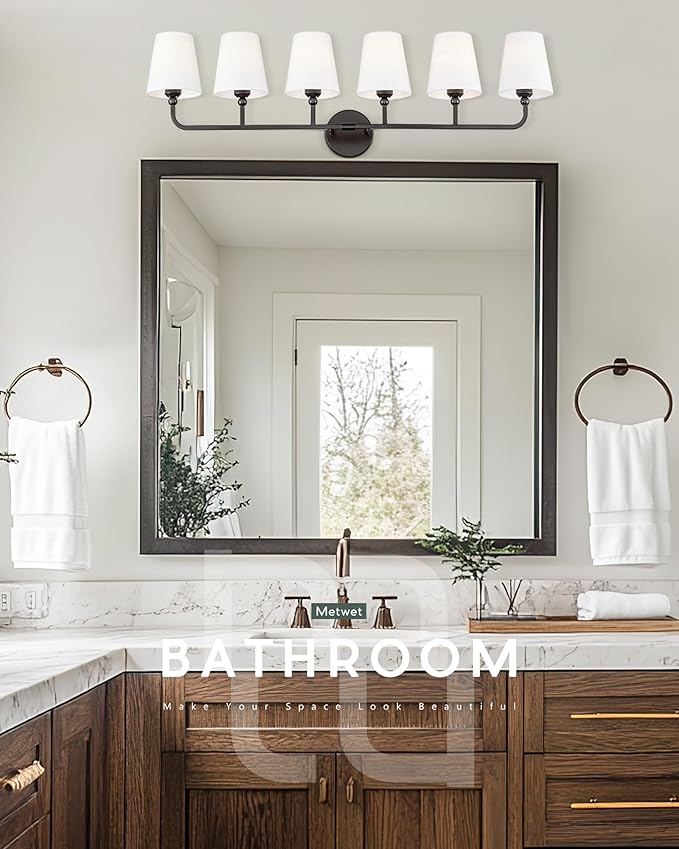 Bathroom Light Fixtures, 42 Inch Matte Black Vanity Lights with Flared White Fabric Shade, 6-Light Wall Sconce, Modern Sconces Wall Lighting for Hallway Bedroom, VL837-MB-6