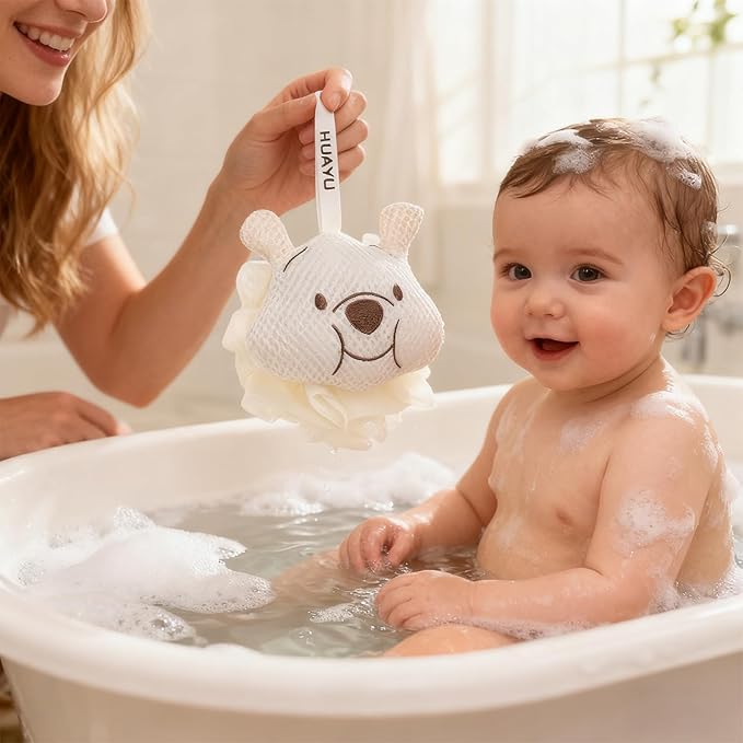 Kids Loofah, Cute Cartoon Animal Kids Bath Sponge with Hanging Rope, Soft Double Mesh for Rich Lather (Money Flower)
