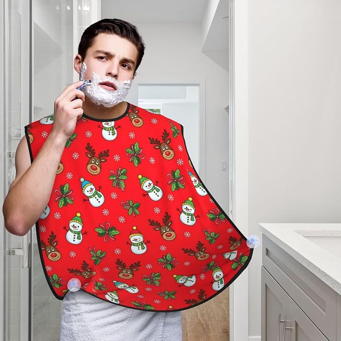 Men's Shaving Accessory Christmas Red Deer Snowman, Waterproof Beard Apron with Hair Catcher & Suction Cups