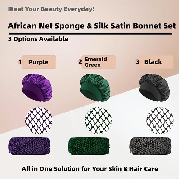 African Net Sponge, Exfoliating Body Scrubber, Soft Satin Silk Bonnet for Men Women Hair Bonnet for Sleeping, Double Layer Silk Sleep Cap, Black, HomeyVenture