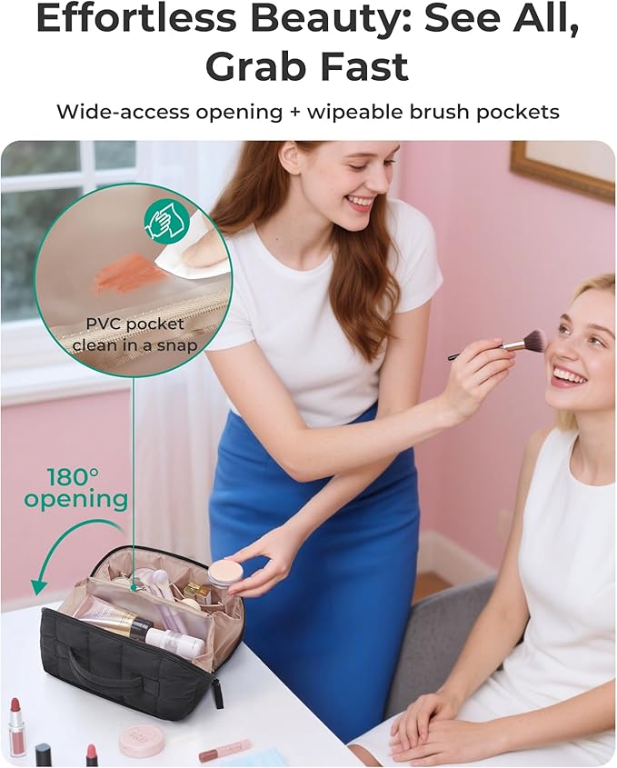 BAGSMART Travel Makeup Bag for Women, Portable Water-resistant Cosmetic Case, Puffy Padded Make Up Organizer Pouch, Open Flat Toiletry Bag for Toiletries, Brushes, Purple