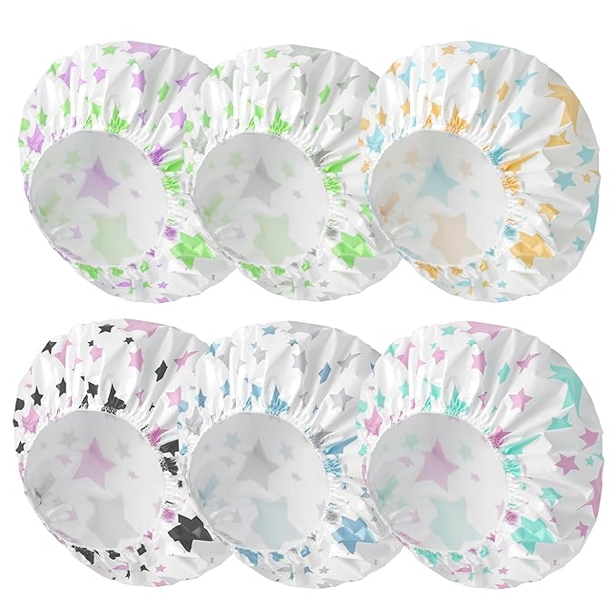 6 PCS Shower Caps for Women, Double Side Waterproof Shower Cap, Reusable Elastic Bath Caps for Shower, EVA Bathing Shower Caps, Bath Hair Caps - Star