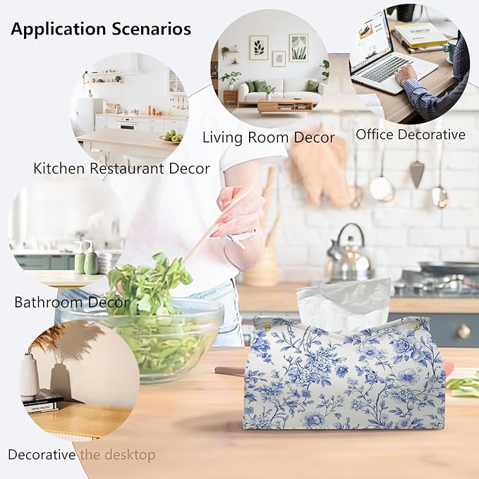 Light Blue Chinoiserie Tissue Box Cover Rectangle,Blue and White Floral Toilet Paper Box Holder,PU Leather Decorative Facial Paper Case for Bathroom Kitchen Office Desk,9.8x5.9x5.9