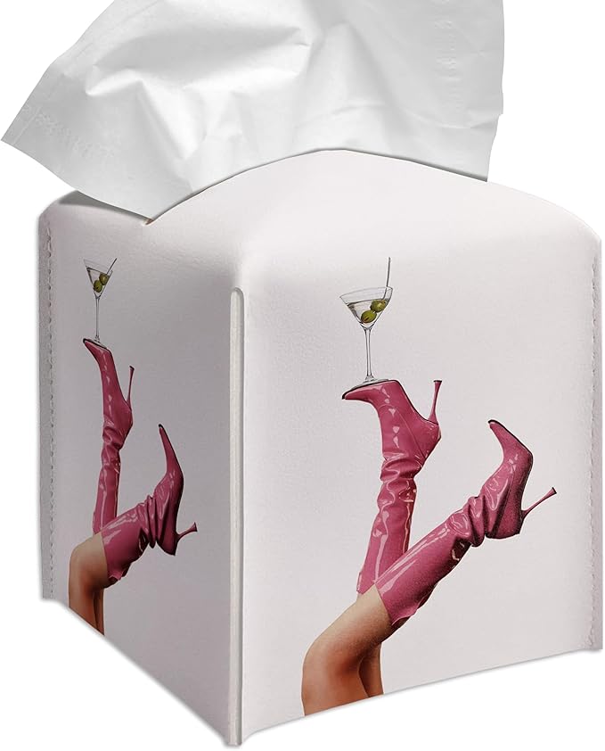 Grace Yonks Cute Tissue Box Cover Square - Pink High Heel Boots & Martini Glass Design 5.2" PU Leather Holder for Vanity, Desk, or Bathroom Counter - Cube Case for Facial Tissues(012)
