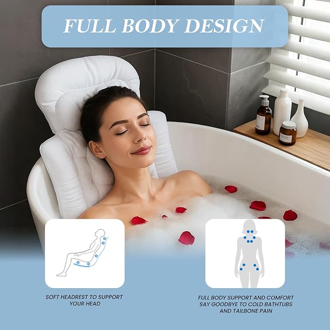 Bath Pillow for Tub 4D Air Mesh Fabric Plush Bathtub Pillow for Neck & Back Support, Hot Tub Pillow with 6 Non-Slip Suction Cups, Spa Pillow for Relaxation and Comfort (Full Body White)