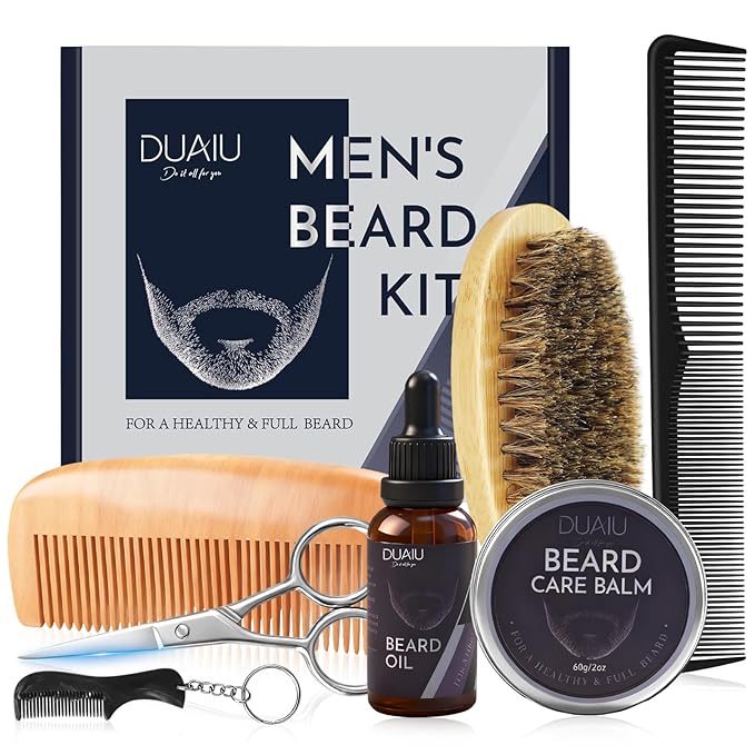 DUAIU Beard Grooming Kit for Men Care, Beard Oil & Beard Balm, Boar Bristles Brush, Multi-Comb and Scissors for Beard and Moustache Trimming and Styling - Great for Dad/Husband/Boyfriend Use