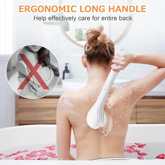 LINGSFIRE Electric Body Brush Rechargeable Back Scrubber for Shower Exfoliating Bath Brush Long Handle for Shower Lotion Applicator for Back Silicone Body Scrubber with 6 Shower Brush Heads