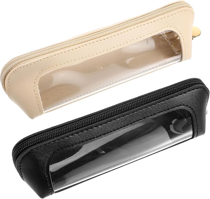 2Pcs Clear Makeup Brush Bag, Leather Slim Makeup Case, Portable Transparent Waterproof Cosmetic Pouch with Zipper, Double Sided Clear Bag for Women Travel Storage (White, Black)