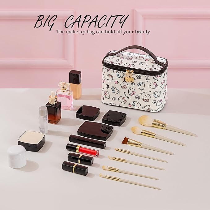 AmBealla Cosmetic Bag Large Makeup Bags White Travel Case with Makeup Brush Holder,2PCS Cosmetic Organizer for women,Toiletry Storage Bag for Skincare&Beauty Tools Sweet Cute for Girls