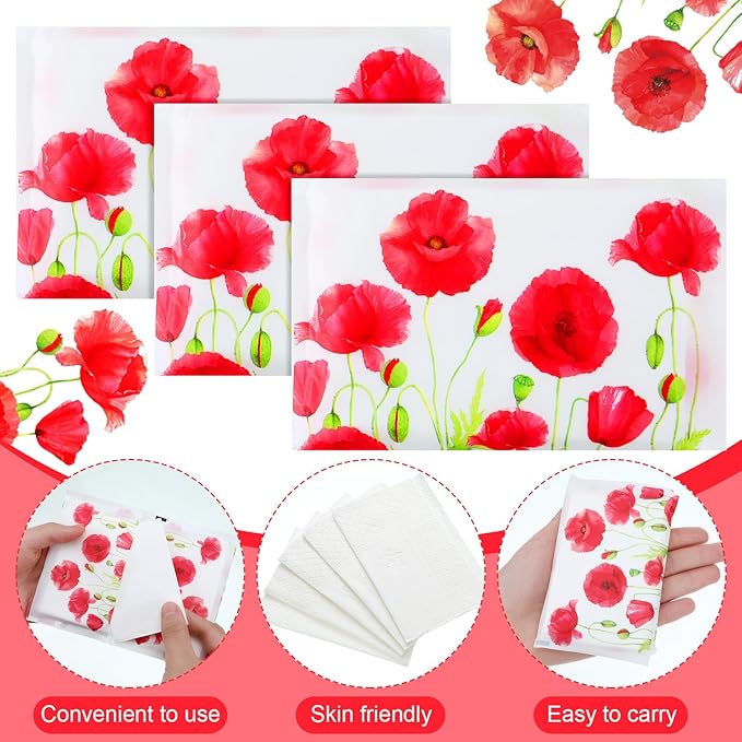 Geyee 50 Packs Tissue Travel Size Facial Paper Napkins Travel Packs Disposable Pocket Tissues for Wedding Guest Traveling School Purse Home Supplies, 500 Sheets 3 Ply(Poppy)